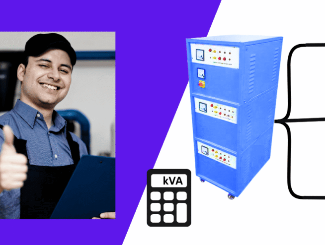 Smiling technician giving thumbs up beside a large blue servo stabilizer connected to icons representing industrial machines, MRI scanner, and elevator, with a kVA calculator symbol indicating power capacity.